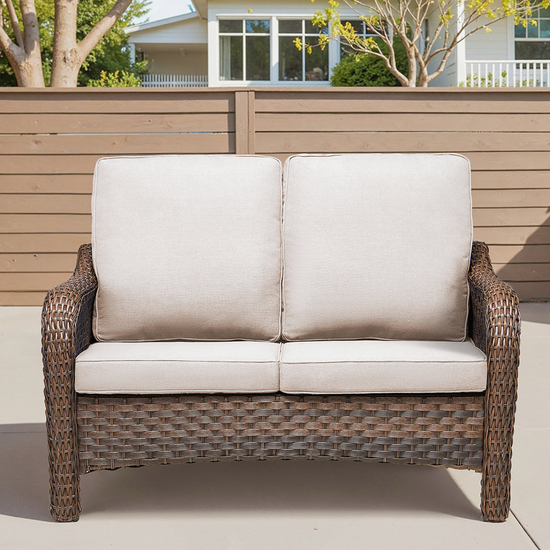49.6 Inch PE Wicker Rattan Outdoor Patio Loveseat With Beige Deep Seat Cushions, Durable And Weather-Resistant For Year-Round Use