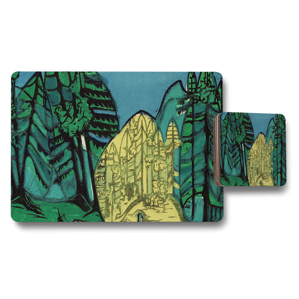 Forest Mountain Scenic Placemat and Coaster Set with Gold Accents