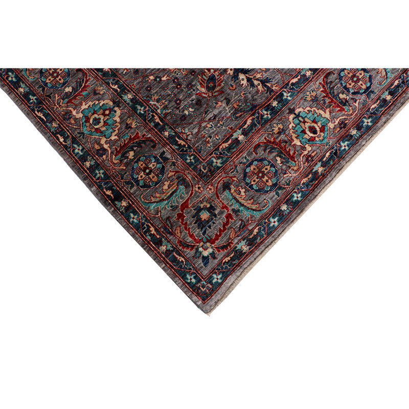 Tapis gris en laine noué à la main de conception unique 7 pi 10 po x 9 pi 11 po
