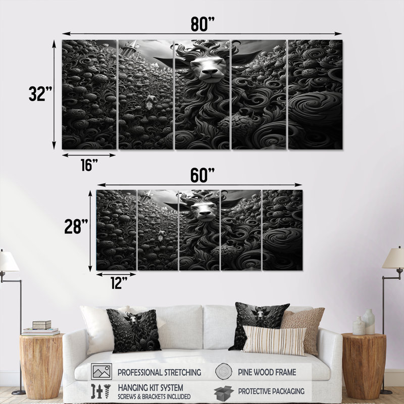 Black And White  Goat Abstract Portrait II - Goat 5 Piece Wall Art Decor, 28" H x 60" W