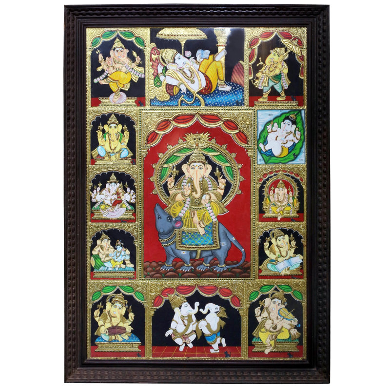 72 "H 72" x l 48 "encadré or 24K Tanjore peinture seigneur Ganesha, art mural