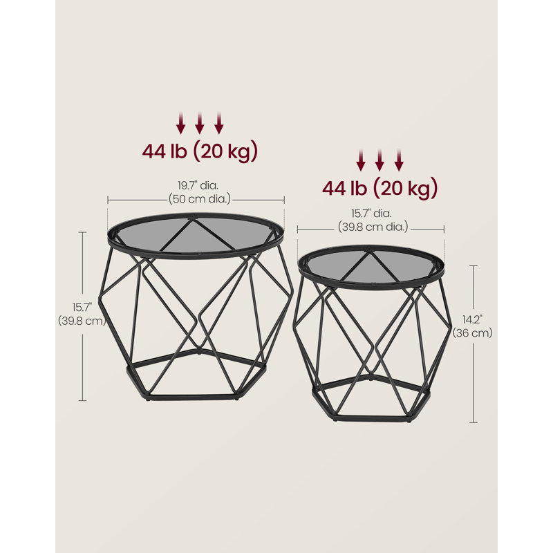 Round Coffee Tables For Living Room, Set Of 2 Side Tables, Different Sized, Modern Style, Removable Tabletop, Steel Frame, Slate Grey And Ink Black