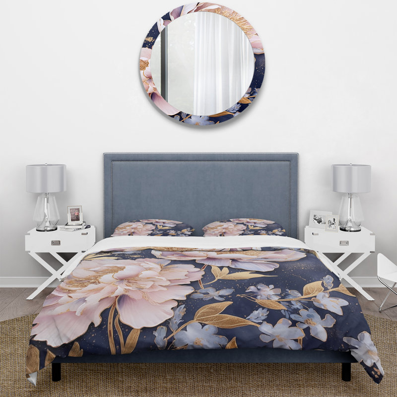 Pivoines roses rétro sur fond bleu - ensemble de housse de couette floral - microfibre de polyester