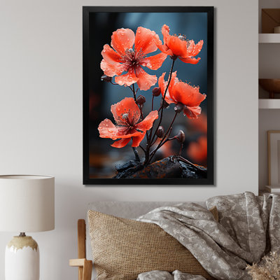 Corail, fleurs, coquelicot, noir, floral, salon, art mural