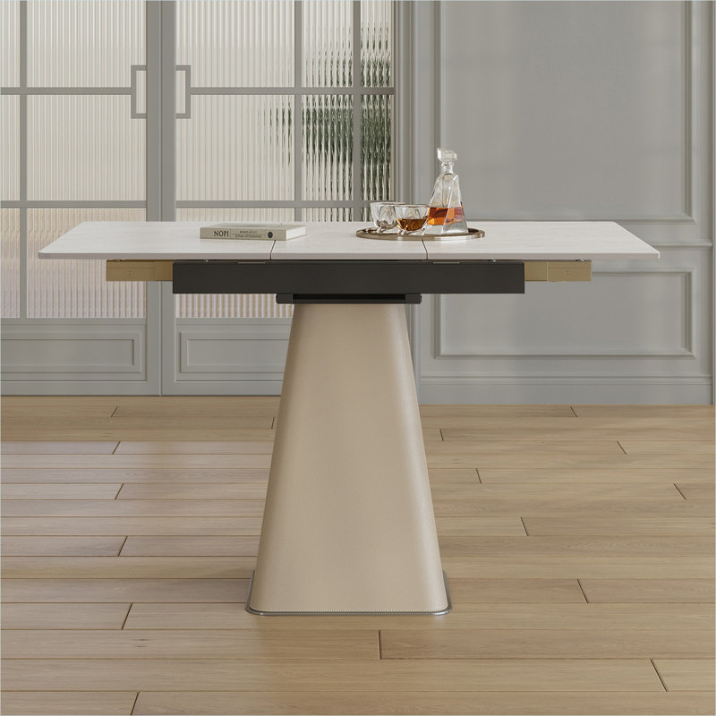 Table de salle à manger extensible carrée pour petits espaces, plateau en pierre frittée blanche avec base en acier inoxydable revêtue de cuir, sièges 4-8