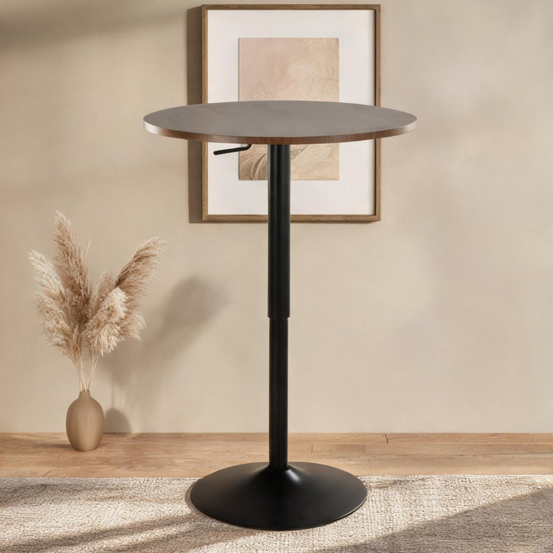 Table de bar ronde à hauteur réglable avec plateau en bois massif brun chaud et base en acier noir
