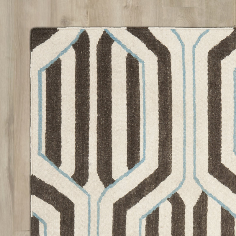 Dhurries Hand Woven Flat Weave Wool/Cotton Geometric Rug in Brown/Beige/Cream, Rectangle 5' x 8'