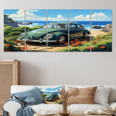 Green Classic American Car On A Beach II - Car Old American 5 Piece Wall Art Decor