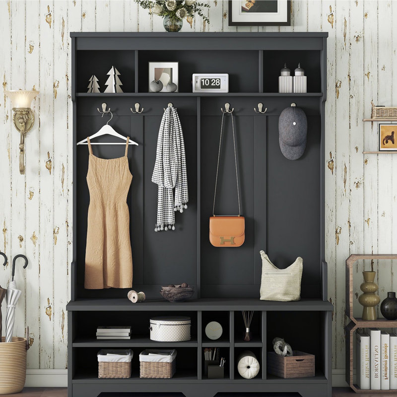 Modern Hallway Hall Tree with Metal Hooks and Storage Space, Multi-Functional Entryway Coat Rack with Shoe Cubbies