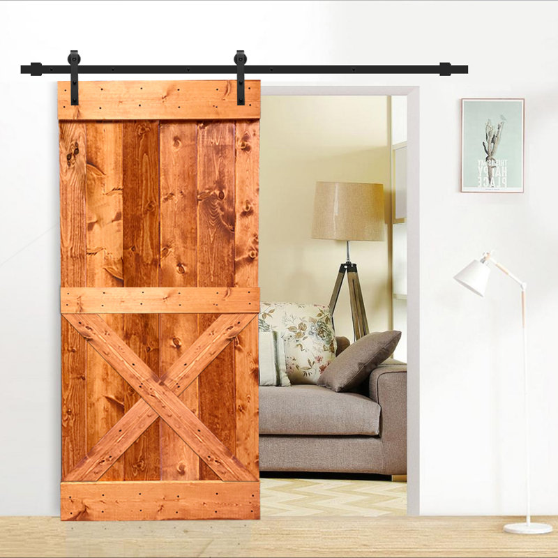 Porte de grange teintée en bois et métal avec ensemble de quincaillerie d’installation, Noyer rouge