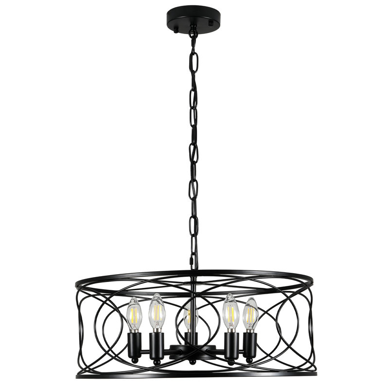 Luminaire suspendu moderne en forme de cage en métal à 5 lumières de 20 po, Noir, noir, noir, noir