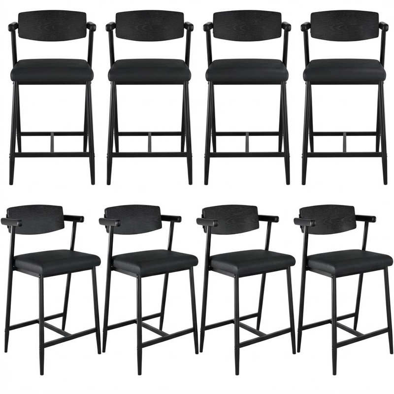 Ensemble de 8 tabourets de bar 26 pouces à hauteur de comptoir avec dossier en bois et siège rembourré, tabourets de bar à structure en métal avec accoudoirs et repose-pieds
