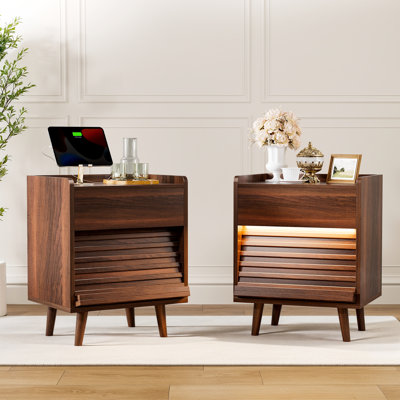 Modern Nightstand With 2 Drawers,Bedside Table With Outlets & LED Lights, File Cabinet With Slanted & Wavy Design