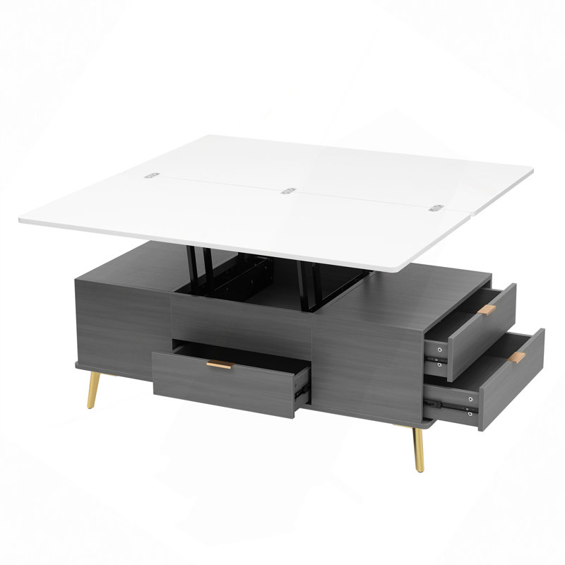 Table, table basse multifonctionnelle à plateau relevable moderne avec tiroirs en gris et blanc