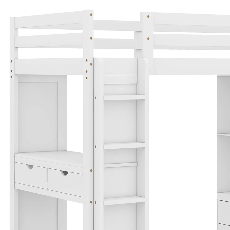 Lit mezzanine Jameslee avec grandes tablettes, bureau et lumière DEL, Simple, Blanc