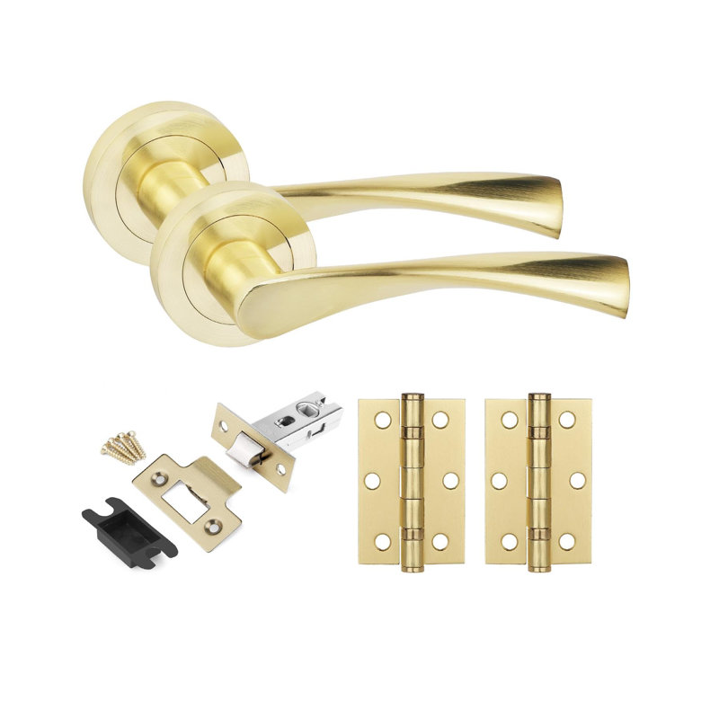 1 Set Astrid Design Door Handles in Satin Brass Finish with Tubular Latch and 1 Pair of 3" Ball Bearing Hinges
