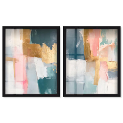 Ensemble de décoration murale bohème Golden Tranquility Shadowbox par 2 par Art Remedy, cadre noir, 25 x 31