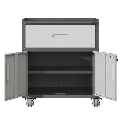 Armoire à outils roulante pour garage en métal - l 28,65 po x P 16,91 po, H 35,58 po, 1 tiroir, 2 portes verrouillables, unité de rangement noire et grise avec roues
