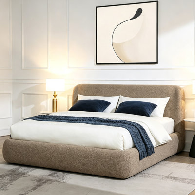 Modern Dark Beige Tweed Upholstered Queen Bed