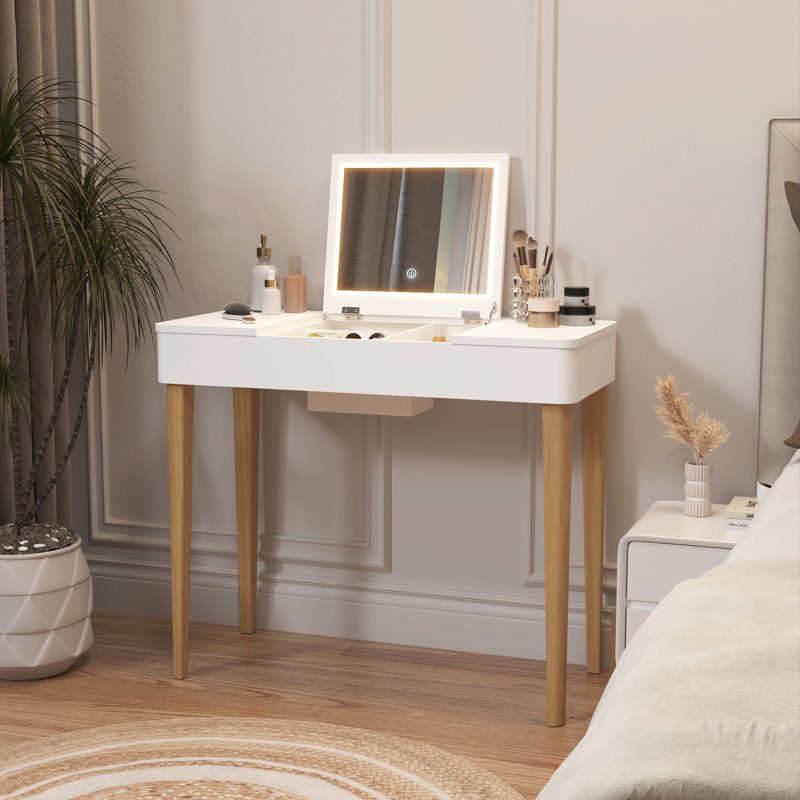Vanity Mirror With Lights and Solid Wood Legs and Flip-Up High Definition Mirror