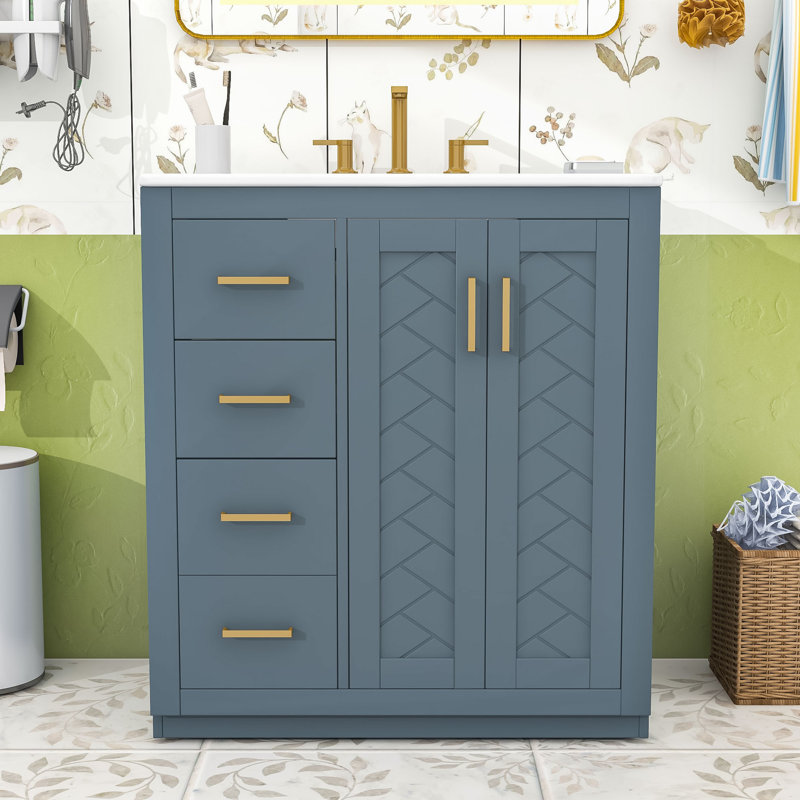 Armoire de salle de bain Farmhouse avec lavabo en céramique, 3 tiroirs et portes à fermeture douce, Bleu