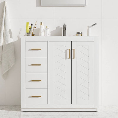 Meuble-lavabo de 36 po avec lavabo en céramique - structure en bois massif, 3 tiroirs à fermeture en douceur et 2 portes à fermeture en douceur, armoire de rangement autoportante avec poignées en métal