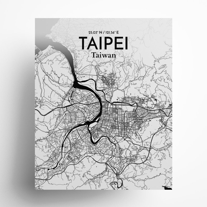 Taipei City Map in Ink 1 Piece Wall Art, 20cm H x 16cm W x 0.05cm D