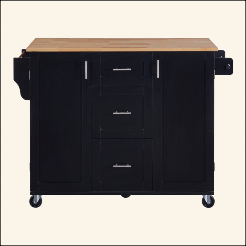Rolling Kitchen Island With Storage, Kitchen Cart With Rubber Wood Top, 3 Drawer, 2 Slide-Out Shelf And Internal Storage Rack, Kitchen Island On Wheels With Spice Rack & Tower Rack, Black