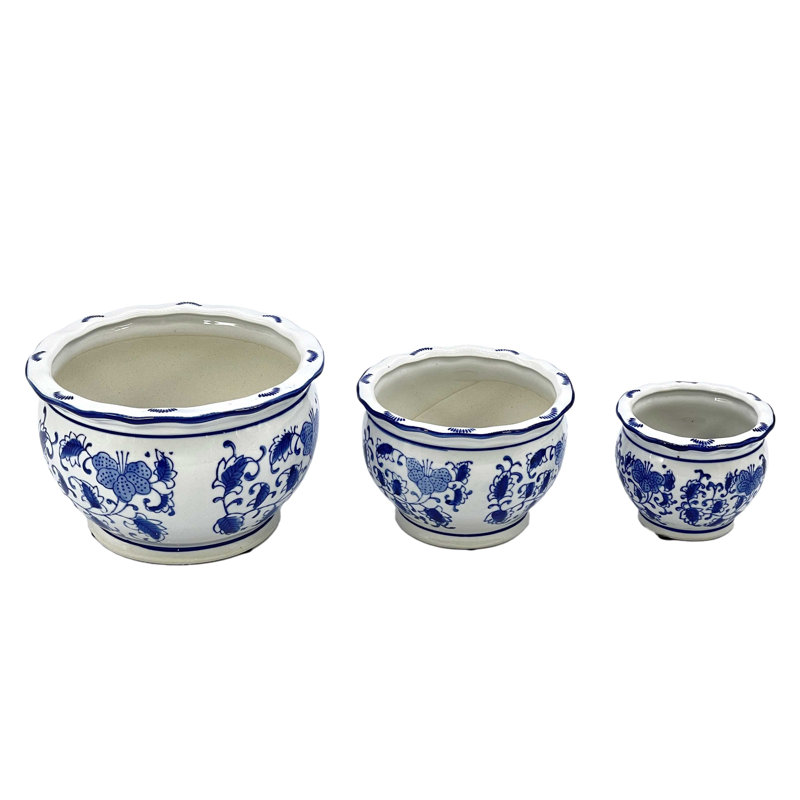 Set of 3 Blue and White Floral Ceramic Planter Pots