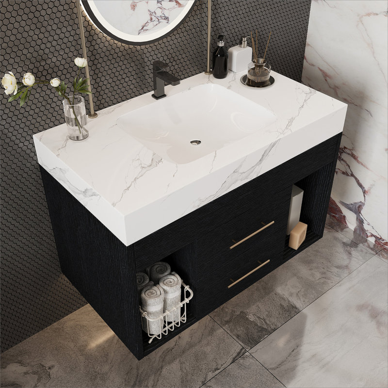 Meuble-lavabo flottant avec comptoir en pierre frittée et lavabo encastré en céramique, meuble-lavabo mural pour petite salle de bain