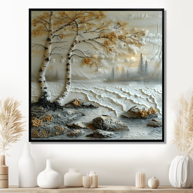 Bouleau blanc par White River Shore Urban Horizon - salon d'art mural en bois de bouleau, Toile avec cadre flottant noir