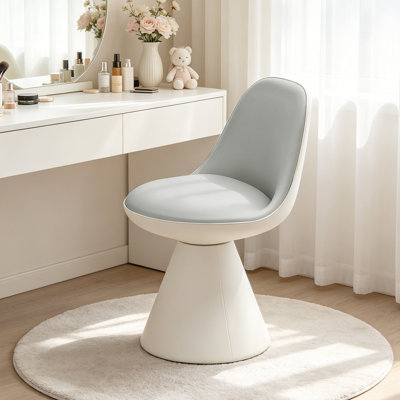 360 Degree Swivel PU Leather Vanity Chair With Mid Back No Wheels for Bedroom Living Room, Gray