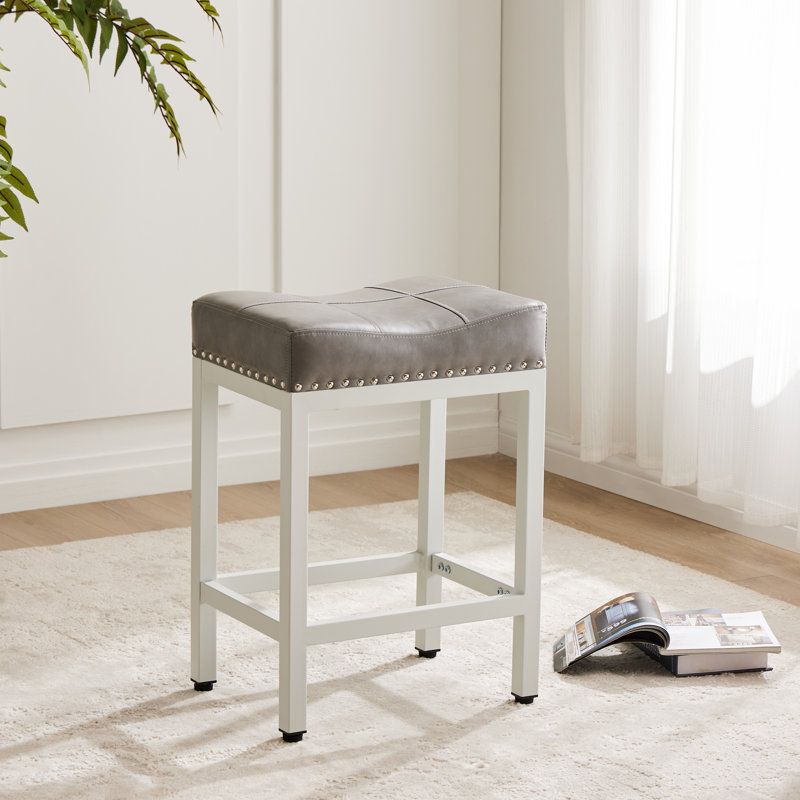 Michille Saddle Upholstered 24.21" Counter Stool, Gray/White, 2