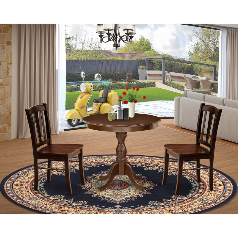 Ensemble de table de cuisine 3 pièces pour petits espaces comprenant une table ronde avec piédestal et 2 chaises de salle à manger, acajou