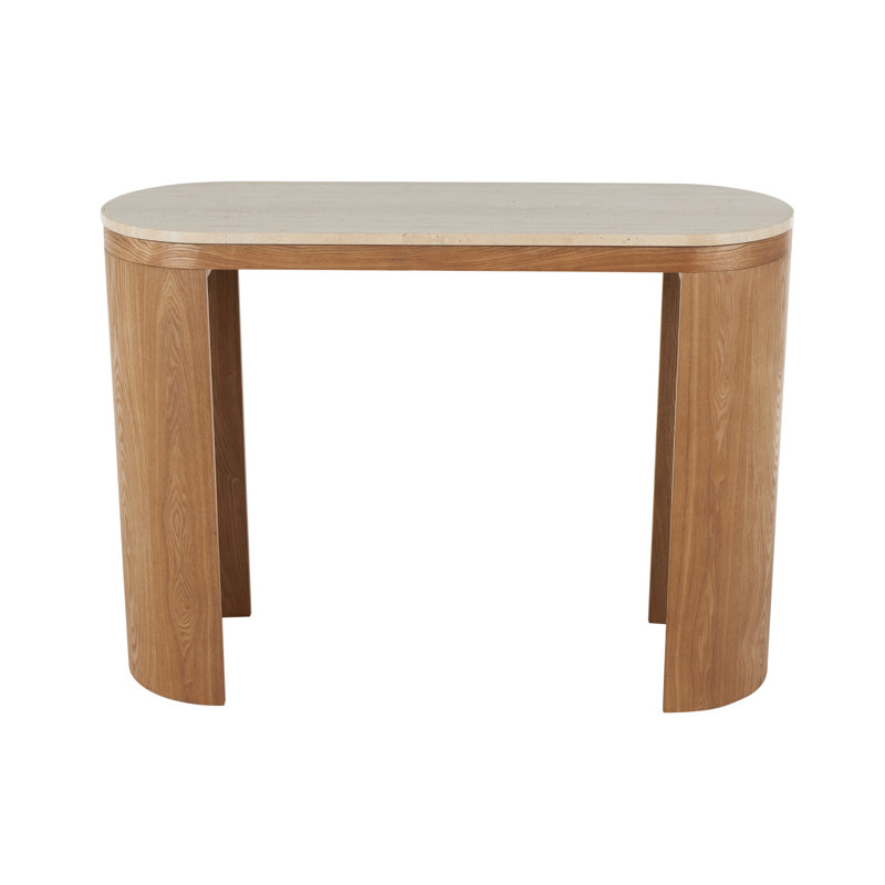 Cole And Grey Wood Curved Support Console Table With Beige Oval Marble Tabletop