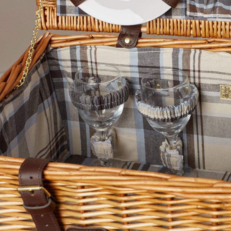 Newbury Wicker Picnic Basket with Navy and Burgundy Plaid Interior