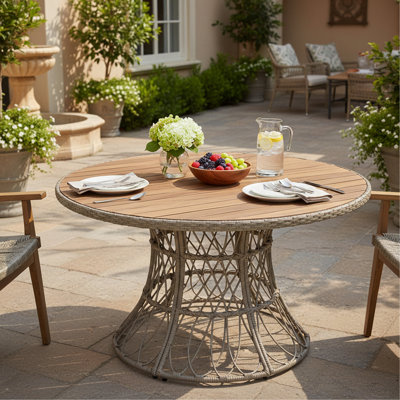 Durable Outdoor Dining Table - Round Acacia Wood Top & Wicker Base, Teak Finish Patio Table For 4 - 6, Garden Outdoor Furniture (Compatible With Matching Chairs)