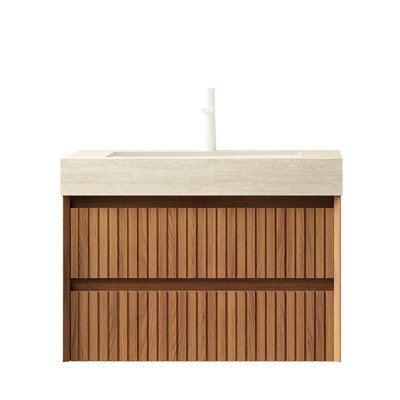 Meuble-lavabo de salle de bain 36 po avec lavabo, armoire flottante rayée en contreplaqué, 2 tiroirs, plateau en pierre frittée à motif, lavabo encastré en céramique, pré-assemblé, finition beige, rangement à mécanisme de fermeture en douceur