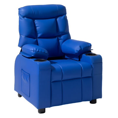 Fauteuil inclinable pour enfants, fauteuil inclinable pour tout-petits avec 2 porte-gobelets et 4 poches, dossier réglable de 107 ° à 126 °, canapé inclinable en cuir de polyuréthane facile à nettoyer avec repose-pieds, pour garçons, filles et enfants (bleu)