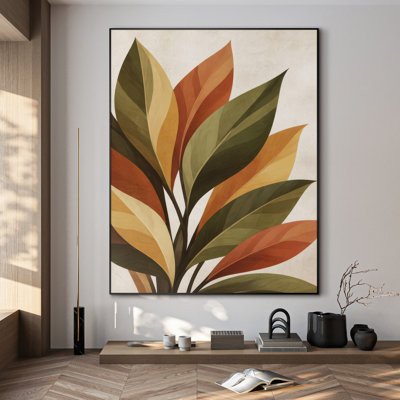 Extra Large Wall Art Fabric Print - Warm Botanical Leaves Vertical Nature Inspired Design for Living Room or Bedroom - "Frame Assembly Required (Unfinished Frame)"