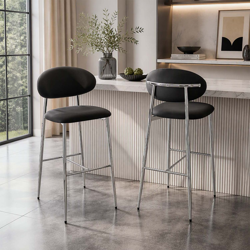 Set of 2 Modern Bar Stools, Curved-Back PU Leather Upholstered Counter Chairs with Metal Frame and Footrest, White PU, Noir