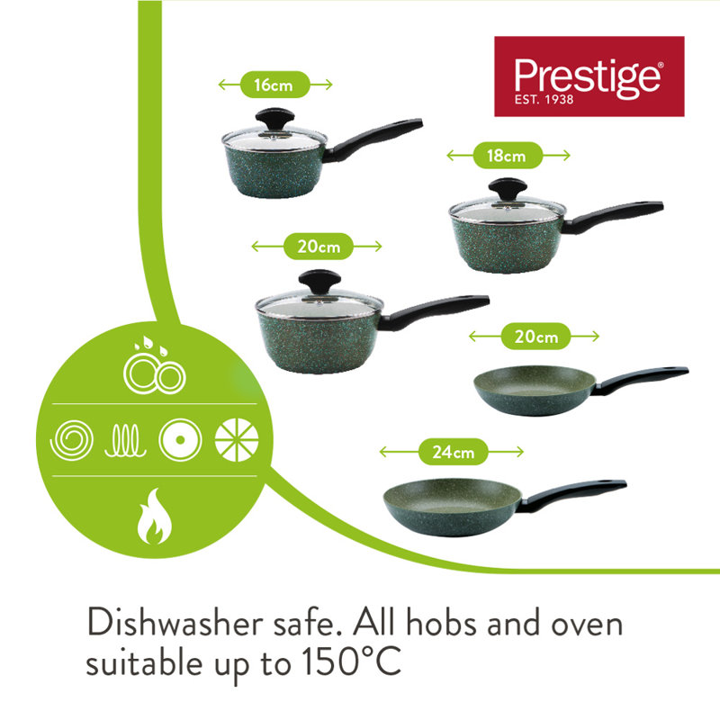 Prestige Eco Plant Based Non Stick 5 Piece induction Saucepans with Toughened Glass Lids (16/18/20cm) and 1 X 20cm and 1 X 24cm Non-Stick induction Frypans - Recycled and Recyclable, Pfoa Free