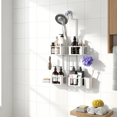 Organisateur de douche au-dessus de la tête, antirouille, porte-brosse à dents, bande adhésive anti-basculement et ventouse, blanc