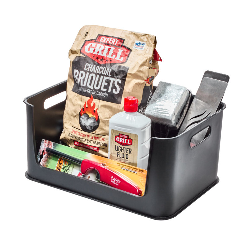 iDesign Recycled Plastic Large Open Front Stacking Storage Bin with Handles – Matte Black