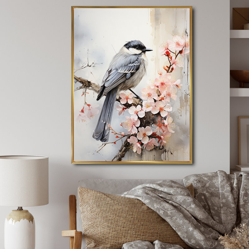 «Hovance Asian Art Bird Sumi I», reproduction sur toile, H 32 po x l 16 po x P 1 po, Cadre flottant doré