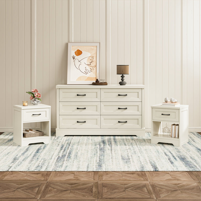 Ensemble de chambre à coucher 2 pièces Willowbrook - Commode 6 tiroirs et 2 tables de chevet avec tiroir et rangement ouvert