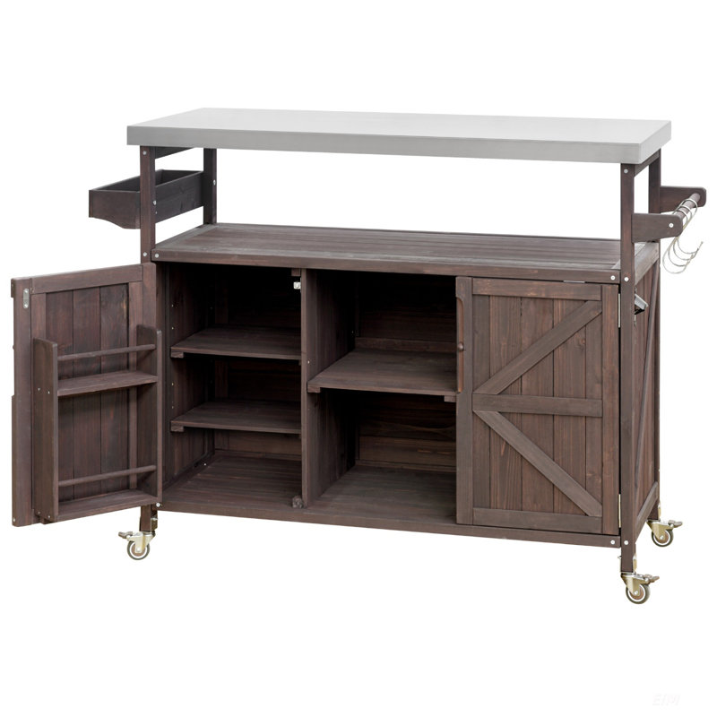 Outdoor Kitchen Island, Rolling Bar Cart & Storage Cabinet With Stainless Steel Top And Spice Rack