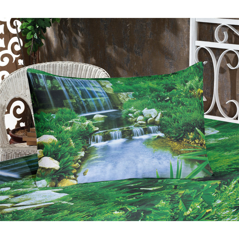 Ambesonne Nature Fitted Sheet & Pillow Sham Set, Fern Green Pale Blue, Calking Sheet Set + 1 Fitted Sheet + 4 Pillowcases