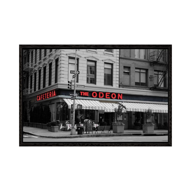 Odeon Corner In Black And White by Susan Vizvary - Print on Canvas, Black Framed, 66.04 cm H x 45.72 cm W
