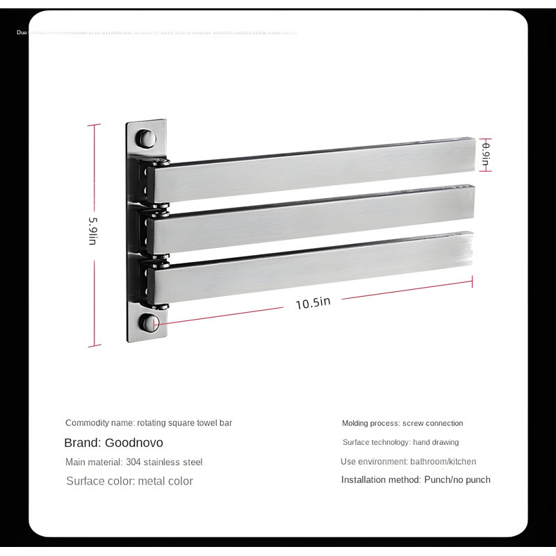 Porte-serviettes rotatif en acier inoxydable avec tablettes pliables à 3 niveaux, porte-serviettes mural sans perçage pour un rangement peu encombrant